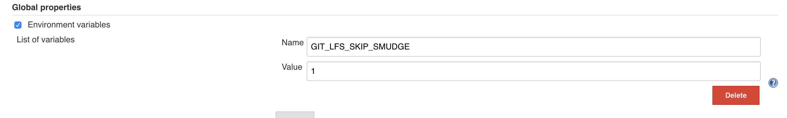 Example of the configured environment variable settings in Jenkins